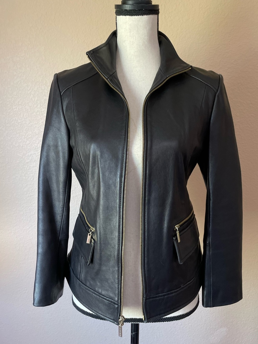 Cole Haan Black soft Genuine Lambskin Leather Full Zip Moto Jacket flawed S